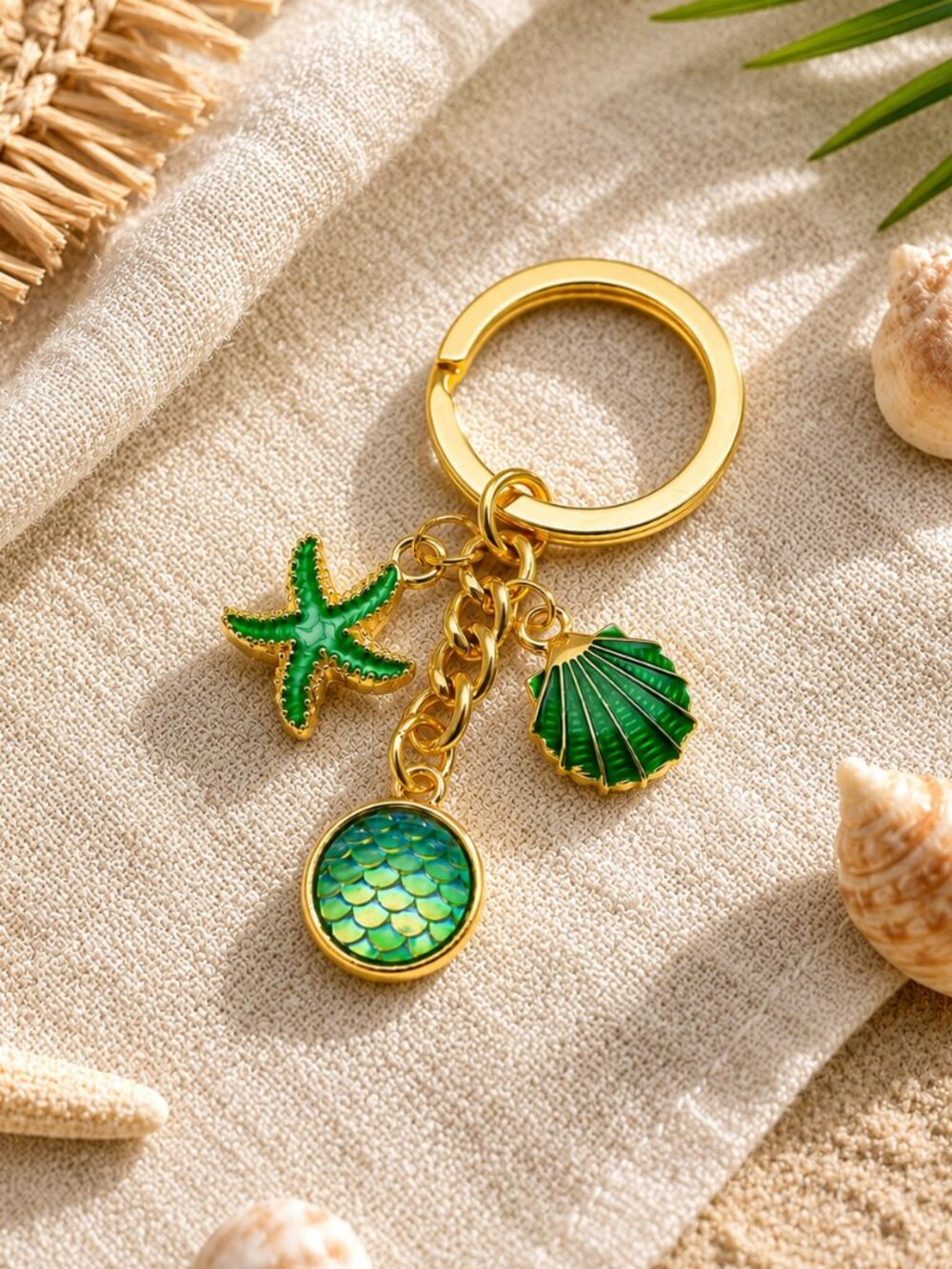 Gold Plated Green Enamel Starfish Seashell Mermaid Scale Keychain Bag Charm NIP